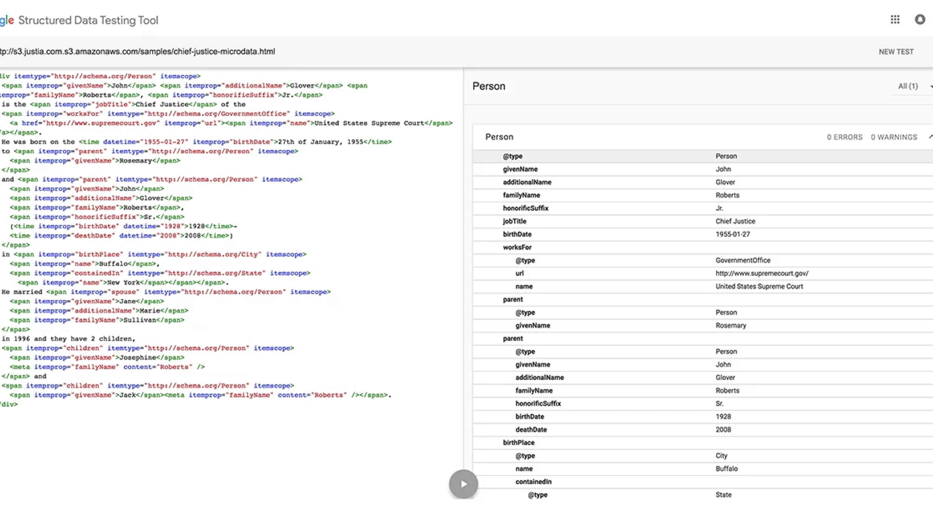 Screenshot of the Google Structured Data Testing Tool